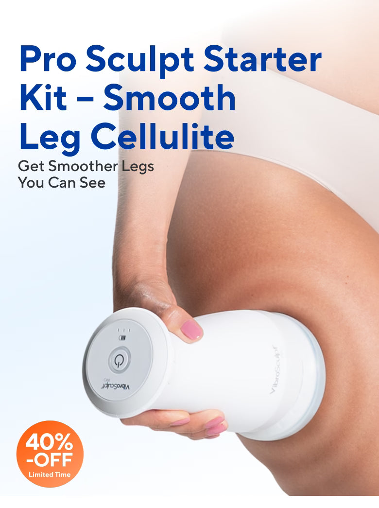 Woman using the Vibro Sculpt device on her glutes to help reduce the appearance of cellulite as part of an at-home sculpting routine.