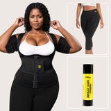 Model wearing a Cami Hot Waist Cincher, Waist Trainer in size L, Hot Arm Trimmers, and Hot Shapers Pants, featuring Sweat Now Gel technology