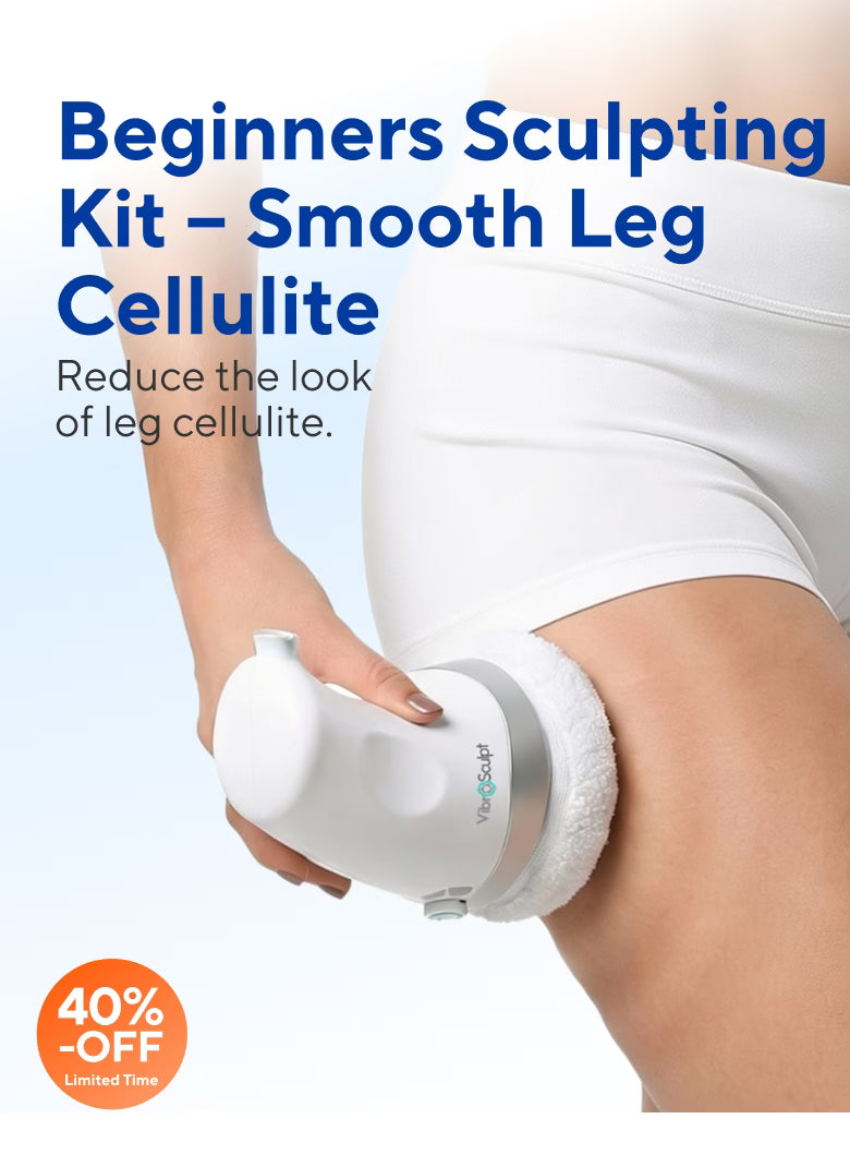 Woman using Vibro Sculpt 1.0 on thighs to help reduce the appearance of cellulite and smooth leg skin at home