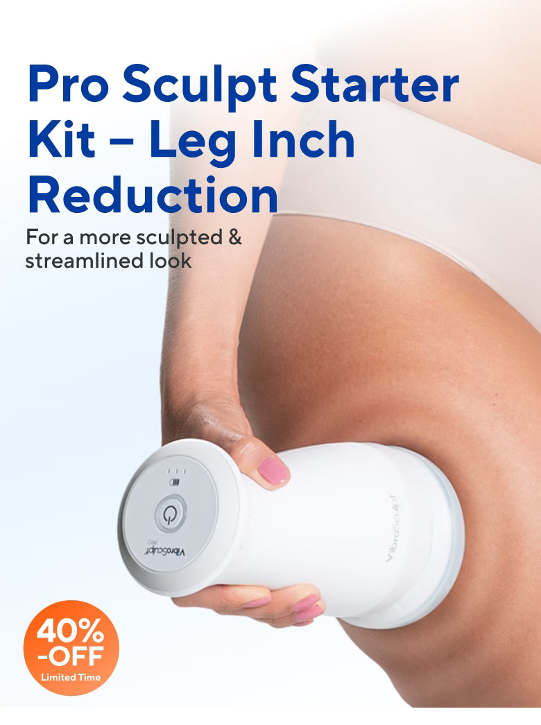 Woman using the Vibro Sculpt device on her abdomen to support abdominal fat reduction as part of an at-home body contouring routine.