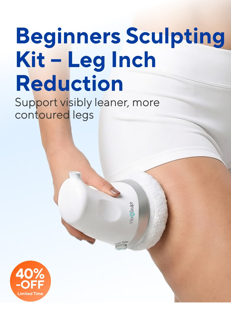 Woman using Vibro Sculpt 1.0 on thighs to support leg inch reduction and body contouring at home