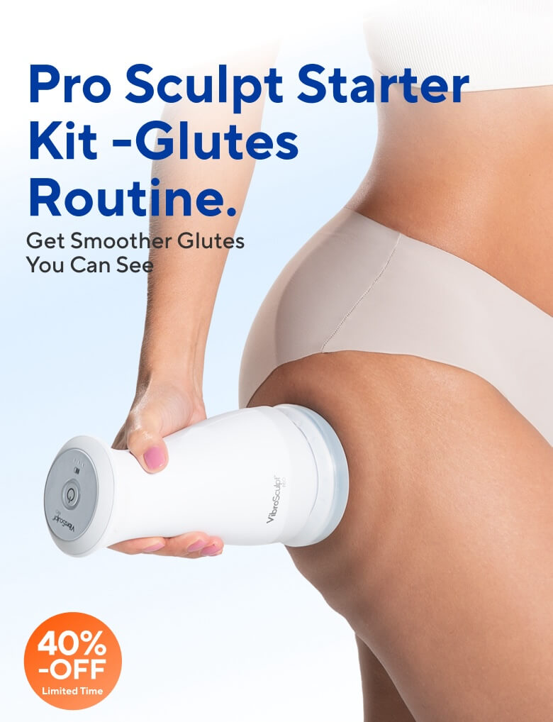 Woman using the Vibro Sculpt device on her glutes to help reduce the appearance of cellulite as part of an at-home sculpting routine.