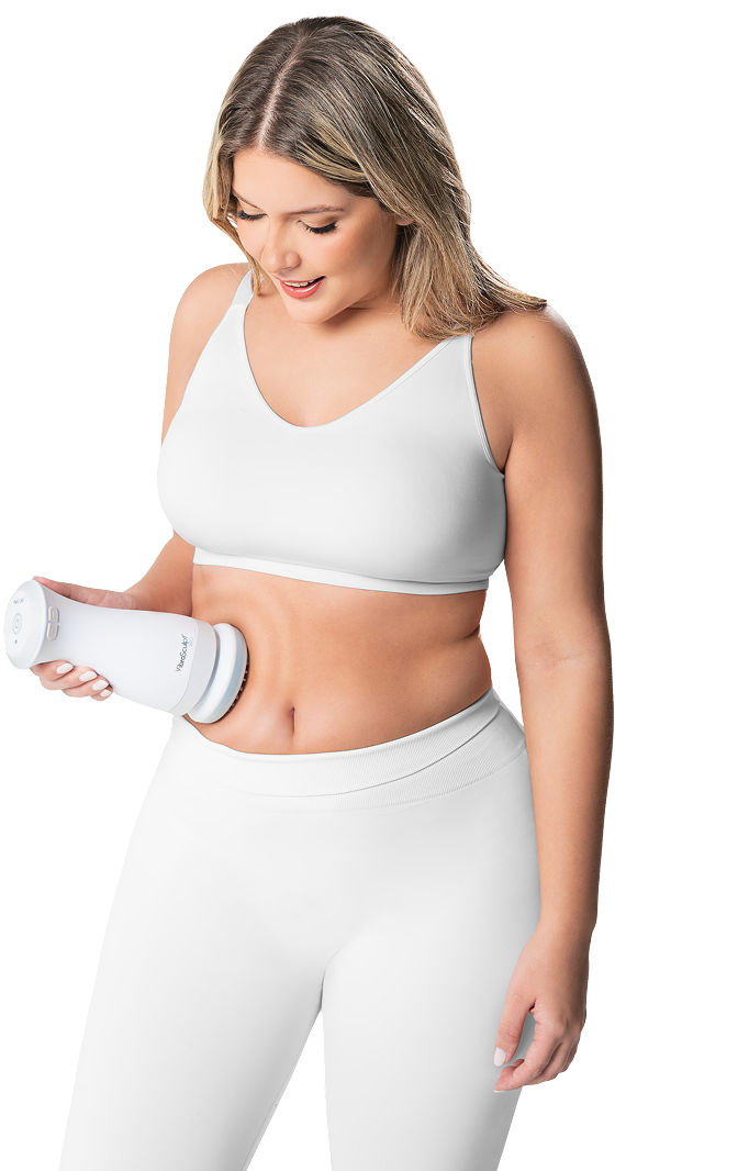 Woman following a simple at-home routine with Vibro Sculpt on her abdomen to help reduce abdominal fat and improve waist contour.