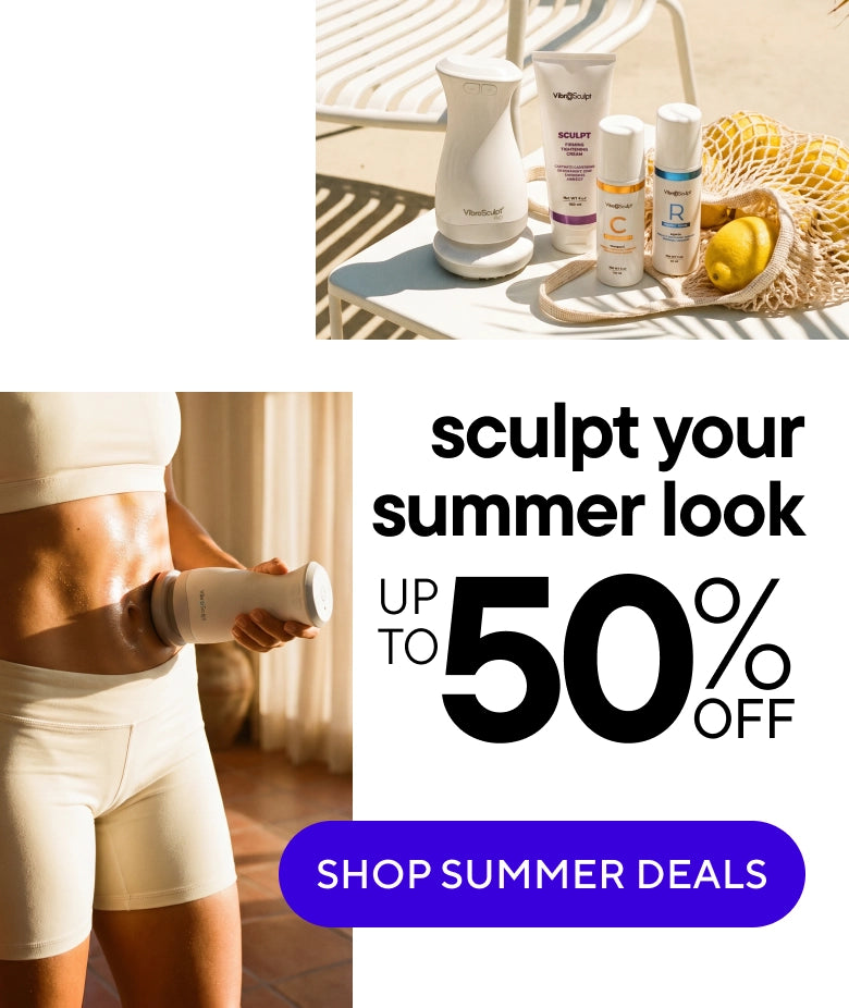Woman using the Vibro Sculpt device on her glutes to help reduce the appearance of cellulite as part of an at-home sculpting routine.